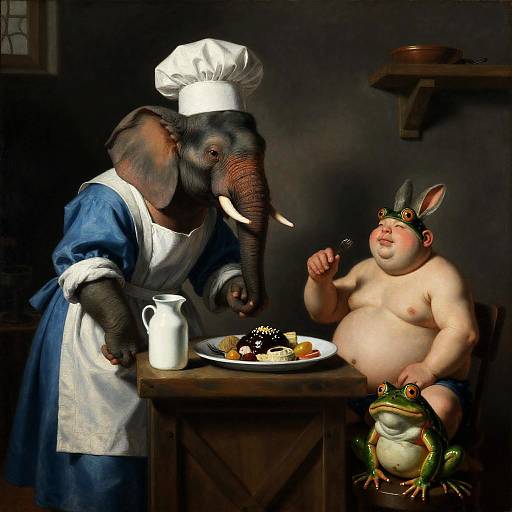 Elephant Chef in Rustic Kitchen