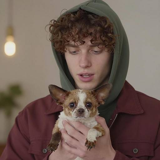 Young Man Holding Small Brown and White Dog