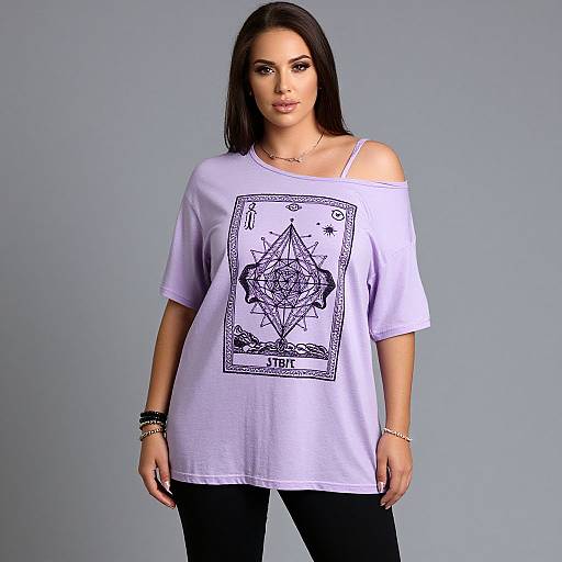 Photograph of a young woman with straight brown hair, wearing a loose lavender off-shoulder T-shirt with a geometric design, black pants, and