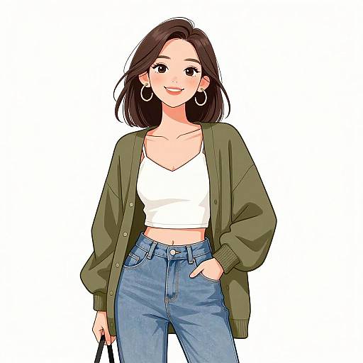 Anime-style digital drawing of a smiling young woman with medium-length brown hair, wearing a green cardigan, white crop top, and blue jeans, with