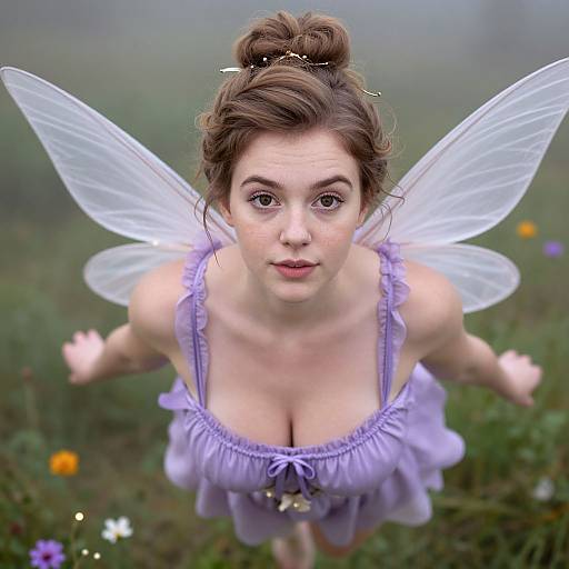 Photograph of a fair-skinned woman with brown hair in a bun, wearing a lavender dress and translucent fairy wings, looking up with arms outst