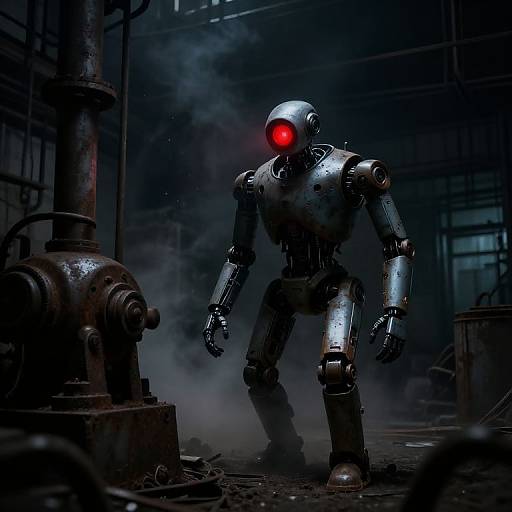 Photorealistic CGI of a menacing, metallic robot with glowing red eye, standing in a dark, industrial, smoke-filled warehouse.