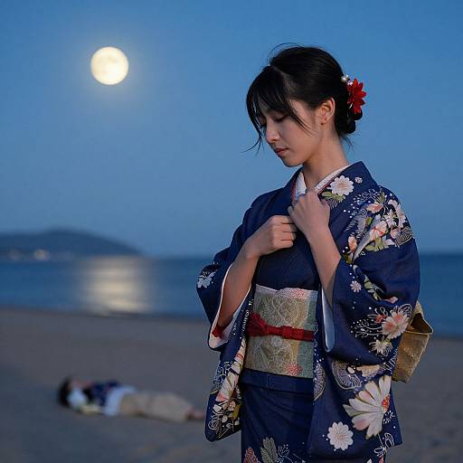 Photograph of an Asian woman in a blue floral kimono, standing on a moonlit beach, adjusting her obi, with a blurred person lying