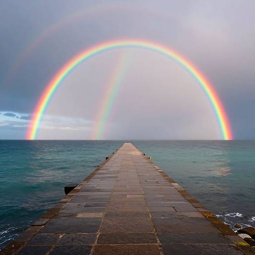 Photograph of a stone pier extending into a stormy ocean, topped by a vibrant, arching rainbow against a cloudy sky.