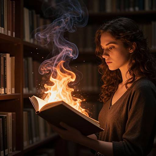 Photograph of a curly-haired woman in a dark sweater holding an open book with bright flames and blue smoke rising from it, against a dimly lit