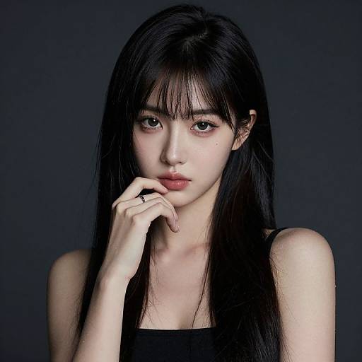 Photograph of a young Asian woman with long black hair, bangs, fair skin, and dark eyes, wearing a black sleeveless top, against