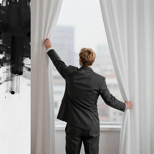 Man in Gray Suit Behind Curtains