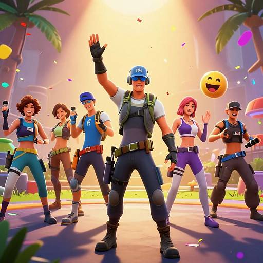 Vibrant CGI image of five diverse, muscular, cartoon-style agents with varied outfits and gear, standing confidently in a sunny, tropical street with palm