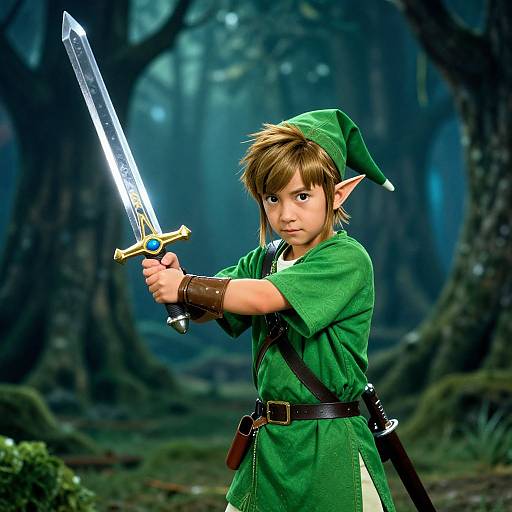 Young elf warrior with green tunic, pointed ears, and green hat holds a glowing sword in a misty forest. Digital art.