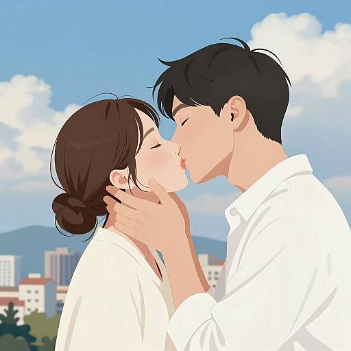 Couple Kissing Against City Skyline