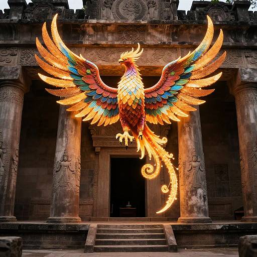 Vibrant Glowing Phoenix in Ruins