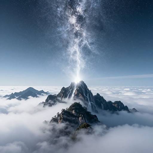 Photograph of a mountain peak piercing through clouds, with the Milky Way galaxy shining brightly in the starry night sky above.