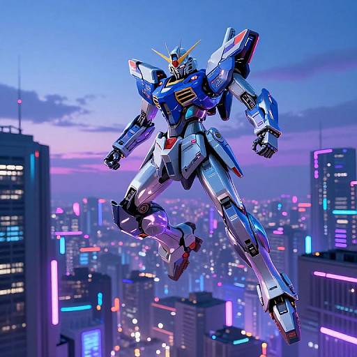 Digital art of a blue and white glowing mecha robot flying over a neon-lit futuristic city skyline at dusk.