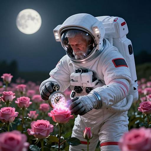 Cyberpunk Astronaut Amid Surreal Roses