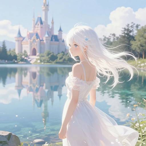 Digital anime-style painting of a white-haired girl in a flowing white dress, standing by a reflective lake with a colorful castle in the background. Bright sunlight