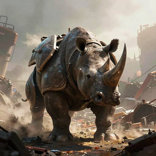 CGI image of a heavily armored, robotic rhinoceros standing amidst a post-apocalyptic, smoke-filled, debris-strewn battlefield with industrial