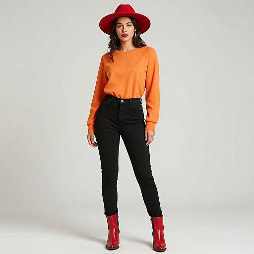 Photograph of a woman with dark hair, wearing a red hat, orange sweater, black pants, and red boots, standing against a white background.
