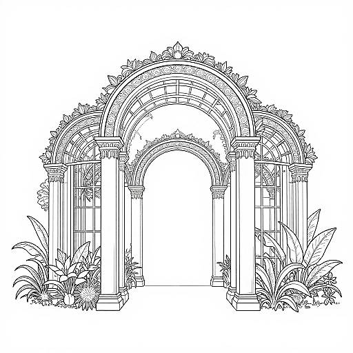 Black-and-white line drawing of an ornate, archway entrance with columns and lush, detailed foliage on either side.