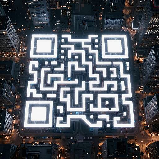 Aerial photo of a neon-lit, white, labyrinthine grid hovering above a dense, dark cityscape with illuminated skyscrapers and streetlights