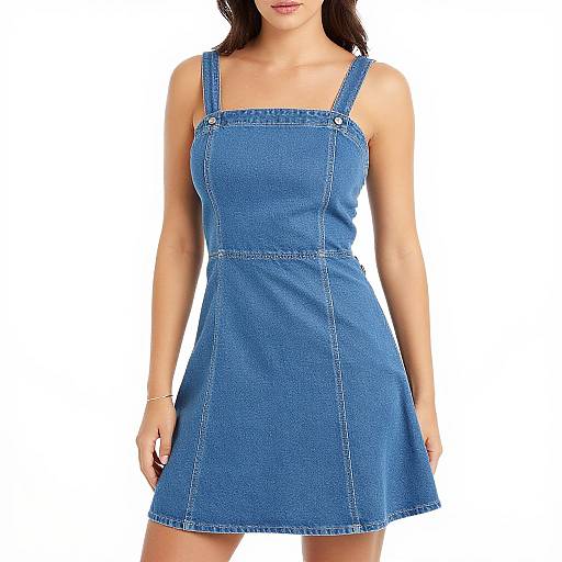 Photograph of a woman in a blue denim sleeveless dress with shoulder straps, standing against a plain white background.