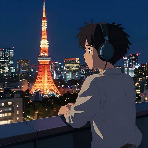 Anime-style digital drawing of a boy with black hair and headphones, gazing at Tokyo's illuminated skyline with the Tokyo Tower glowing in the night sky.
