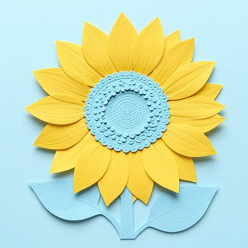 Digital illustration of a vibrant sunflower with yellow petals, light blue center, and delicate blue leaves, set against a white background.