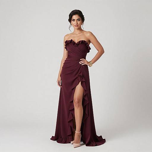 Confident Woman in Burgundy Ruffled Gown