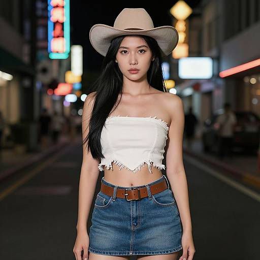Photograph of an Asian woman with long black hair, wearing a white fringe strap top, denim skirt with brown belt, and beige cowboy hat, walking