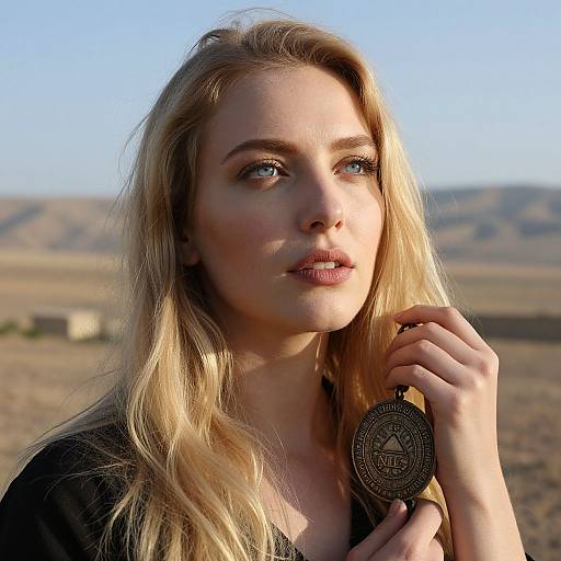 Photograph of a blonde woman with blue eyes, holding a black coin against her chest, standing in a sunlit, desert landscape.