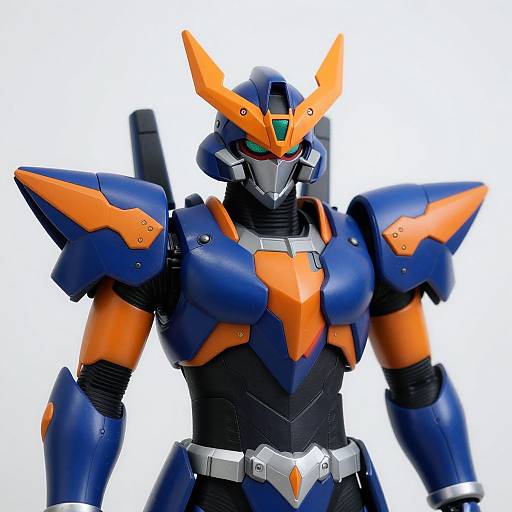 Photograph of a vibrant, blue and orange, robotic mecha with angular armor, green eyes, and a sleek, futuristic design.