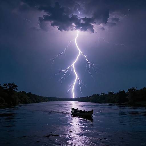 Photograph of a small boat on a reflective, dark blue river under a dramatic, lightning-filled night sky with glowing clouds.
