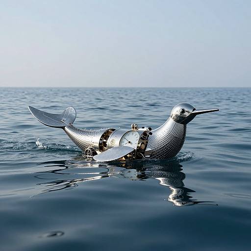Photograph of a silver fish with a broken tail, floating on calm, reflective ocean water under a clear blue sky.