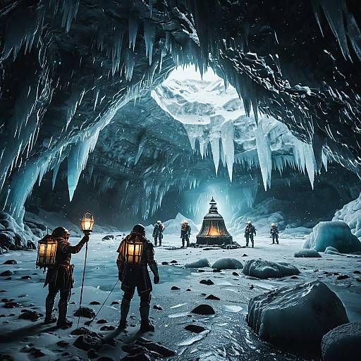 Medieval Explorers in Ice Cave with Ancient Frozen Bell