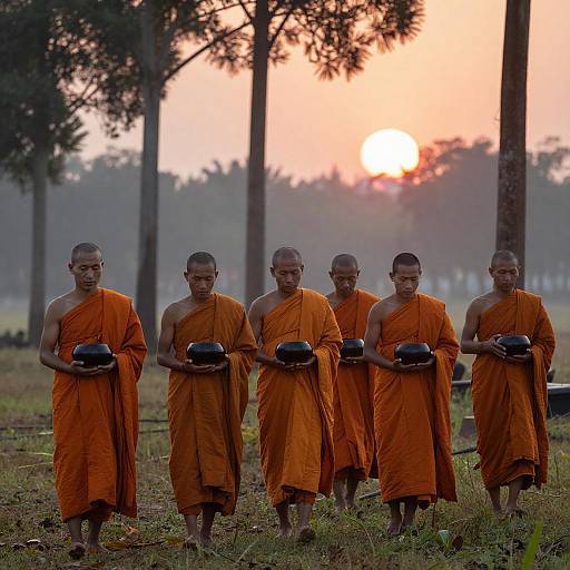 Serene Monks Walking at Sunrise