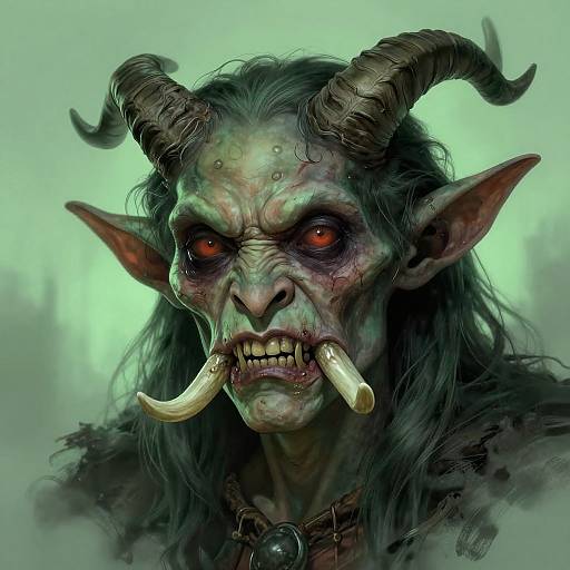 Digital illustration of a grotesque, green-skinned demon with large curved horns, red eyes, sharp fangs, and prominent tusks, set against