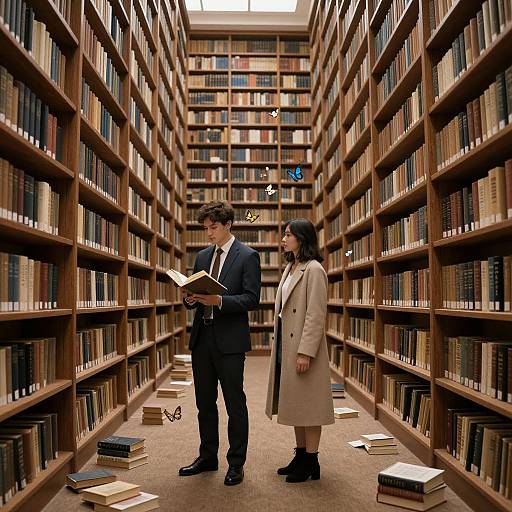 Photograph of a man and woman standing in a wooden, book-filled library aisle, both reading books, surrounded by stacked books.