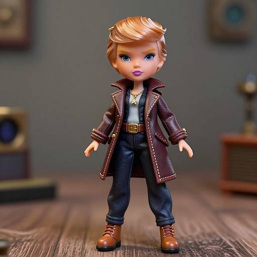 Photograph of a blonde-haired doll with blue eyes, wearing a brown leather coat, white shirt, blue jeans, brown boots, and a gold necklace