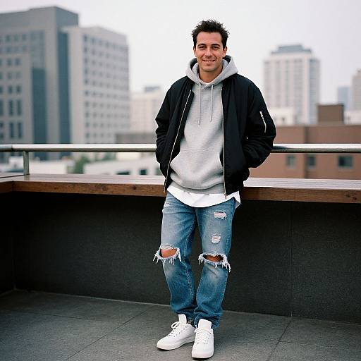 Photograph of a smiling young man in a black jacket, white hoodie, ripped blue jeans, and white sneakers, standing on a rooftop with city buildings