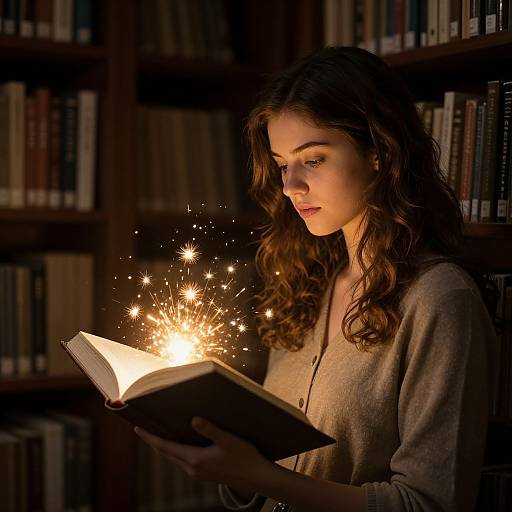 Photograph of a young woman with wavy brown hair, wearing a gray long-sleeve top, holding an open book emitting bright sparks in a