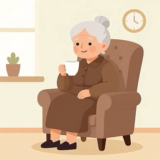 Cartoon-style illustration of an elderly woman with white hair in a bun, wearing a brown dress and black slippers, sitting in a brown armchair