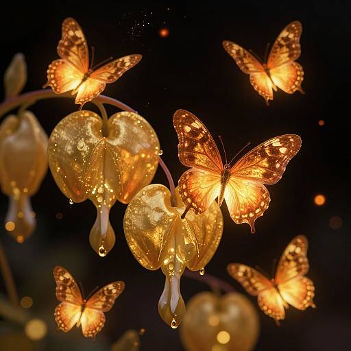 Photograph of glowing, orange butterfly-shaped lanterns with sparkling dewdrops on golden, bell-shaped flowers, set against a dark background.