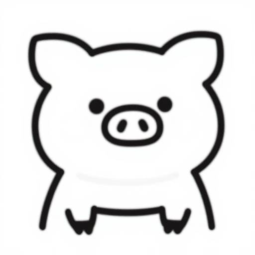 Simple black-and-white line drawing of a cute, cartoon-style pig with round ears, small eyes, a snout, and short legs.