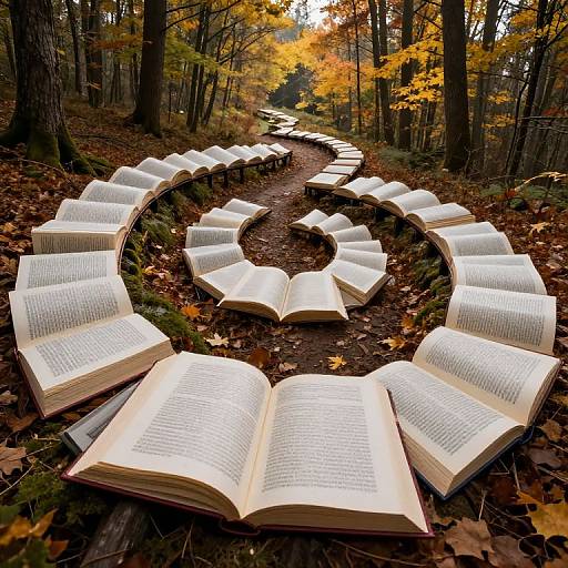 Photograph of open books arranged in a circular pattern along a forest path, surrounded by autumn leaves and tall trees.