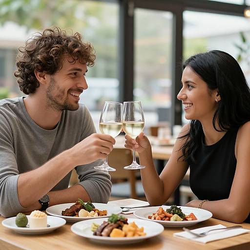 Photograph of a curly-haired, bearded man and a black-haired woman smiling and clinking glasses of white wine at a sunny restaurant table with plated