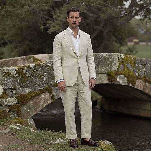 Photograph of a handsome, dark-haired man in a cream suit, white shirt, and brown shoes, standing confidently in front of a moss-covered stone