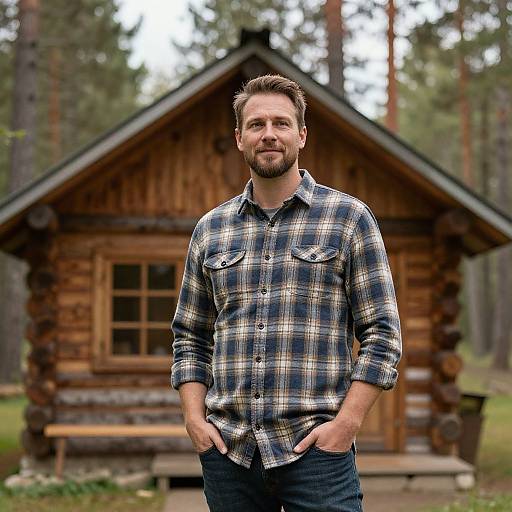 Photograph of a bearded man with short brown hair, wearing a blue and white plaid shirt, standing in front of a wooden cabin in a