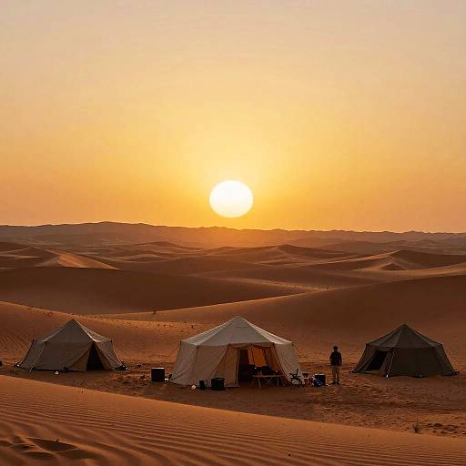 Photograph of three tents in a vast, orange desert at sunset, with rolling sand dunes and two silhouetted figures near the center tent