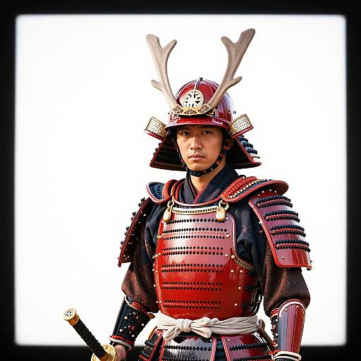 Photograph of a Japanese samurai in detailed red and black armor with antler helmet, white sash, holding a sword, against a white background