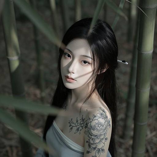 Photograph of an Asian woman with long black hair, pale skin, and floral tattoo on her shoulder, standing in a bamboo forest, illuminated by sunlight