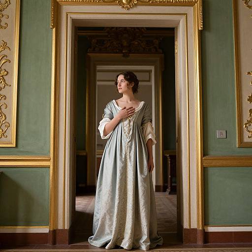 Photograph of a woman in an elegant, light blue, 18th-century style gown standing in a grand, ornately framed doorway with green and
